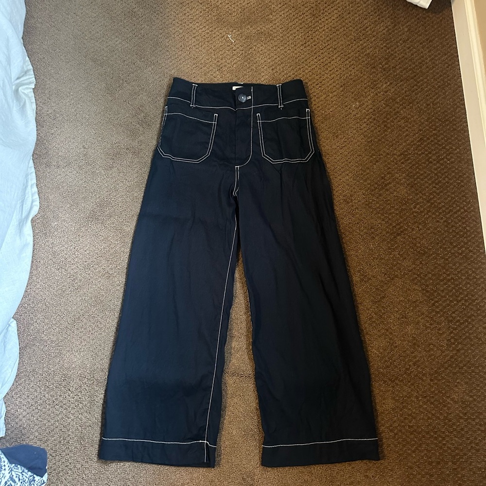 Maeve Black Knit Wide-Leg Jeans with White Stitching